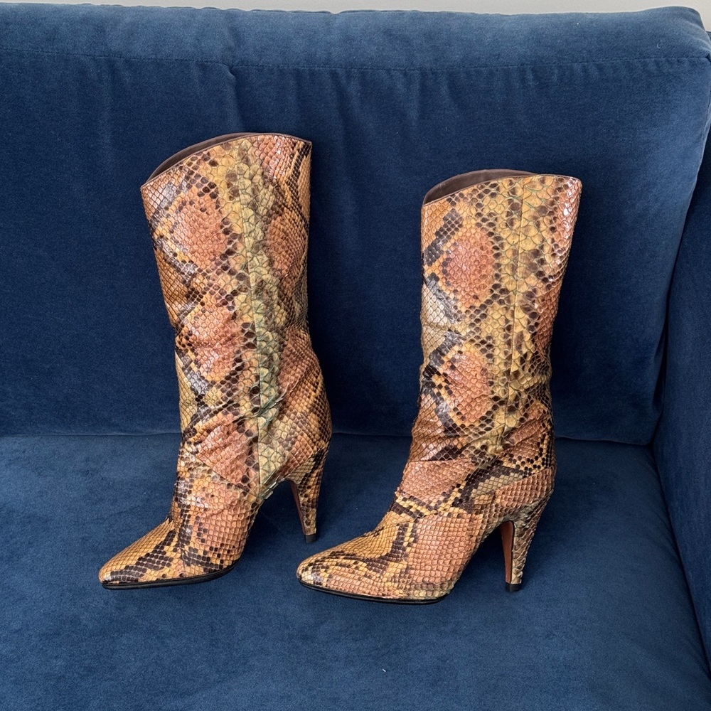 Biondini Vintage Snakeskin‎ Heel Mid Calf Boots Size 8